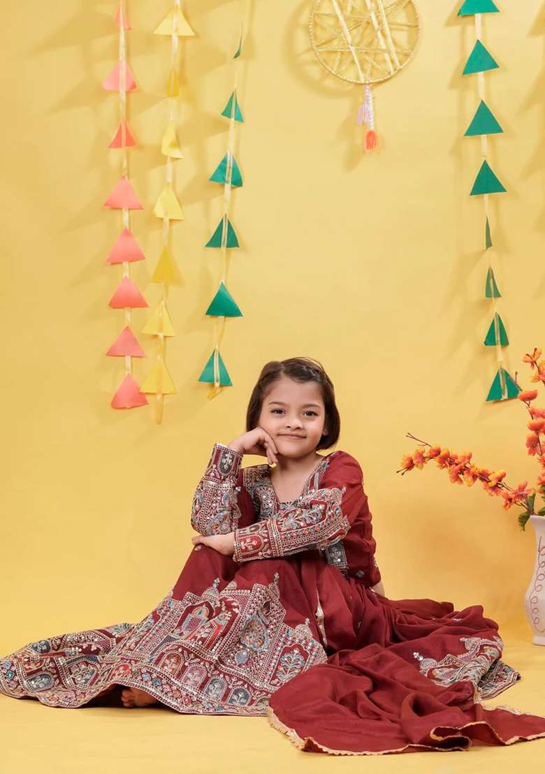 Red Embroidered Vichitra Lehenga Set For Girls - Indya