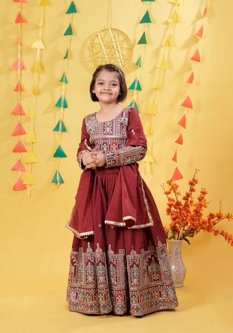 Red Embroidered Vichitra Lehenga Set For Girls