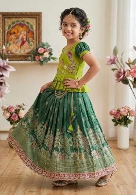 Green Embroidered Silk Lehenga Set For Girls
