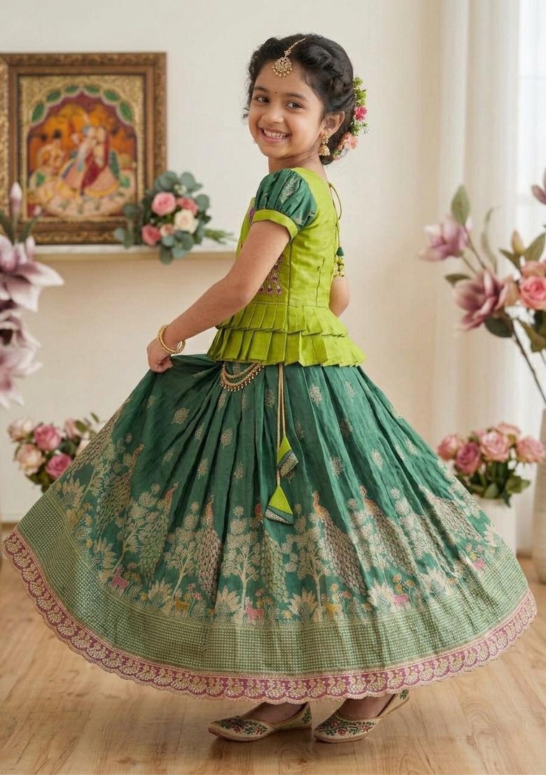 Green Embroidered Silk Lehenga Set For Girls - Indya