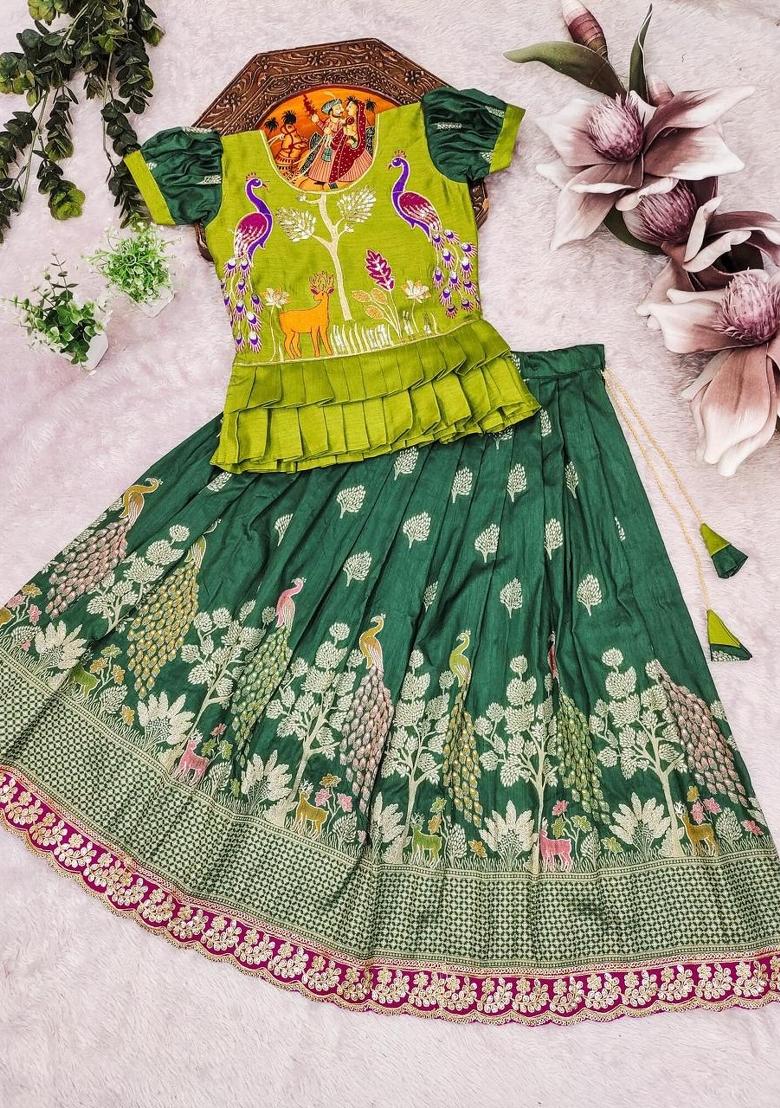 Green Embroidered Silk Lehenga Set For Girls - Indya
