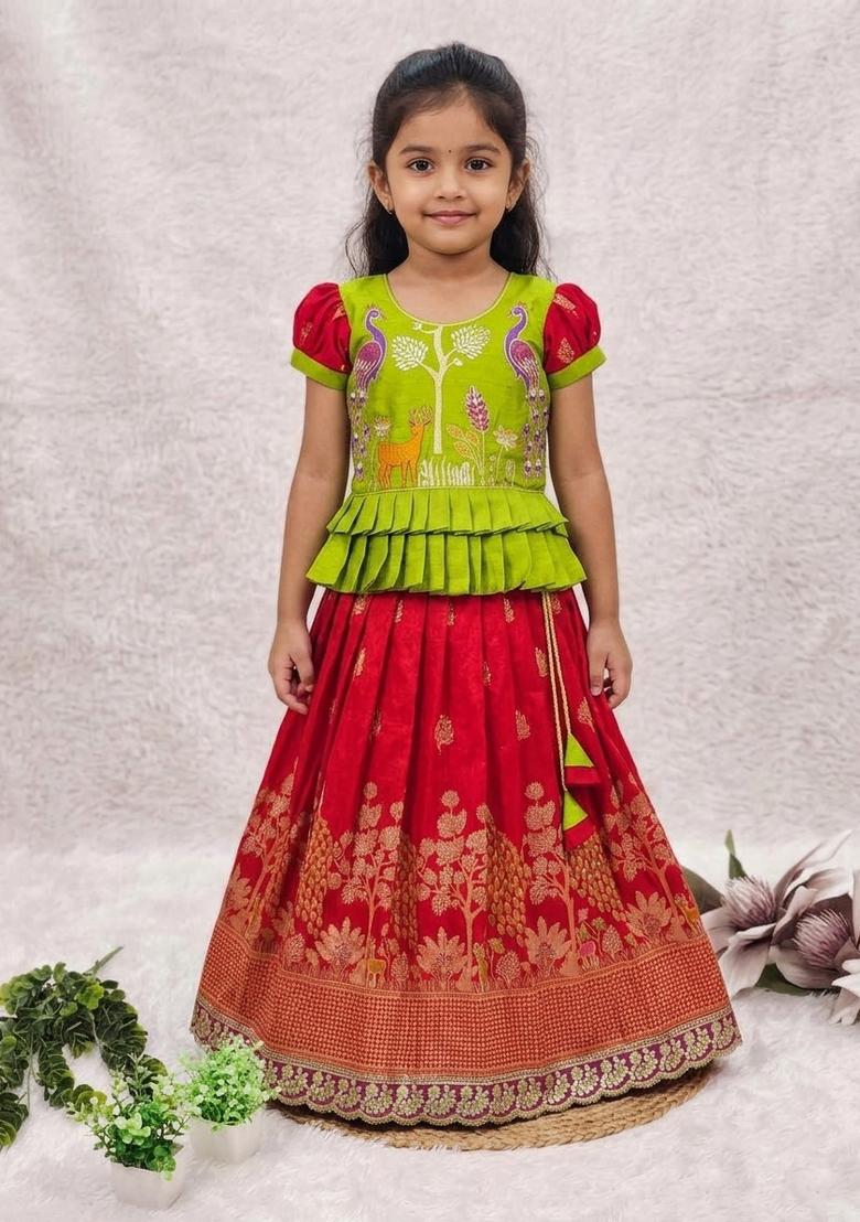 Green Embroidered Silk Lehenga Set For Girls - Indya