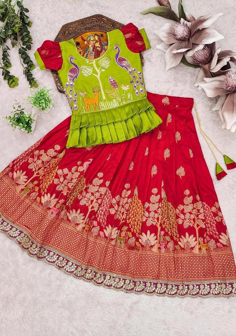 Green Embroidered Silk Lehenga Set For Girls - Indya