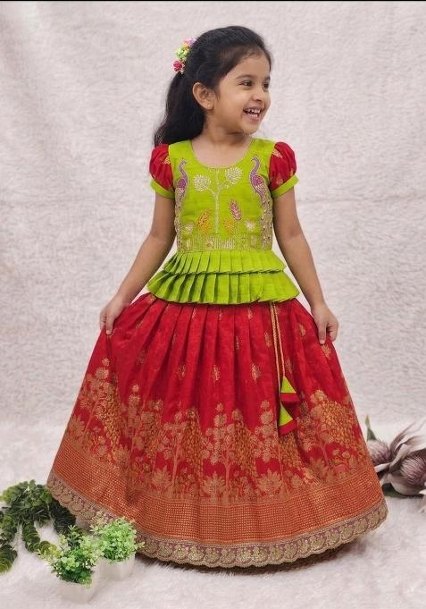 Green Embroidered Silk Lehenga Set For Girls