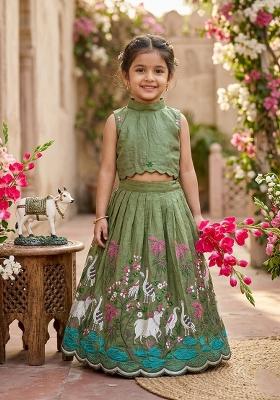 Green Embroidered Silk Lehenga Set For Girls