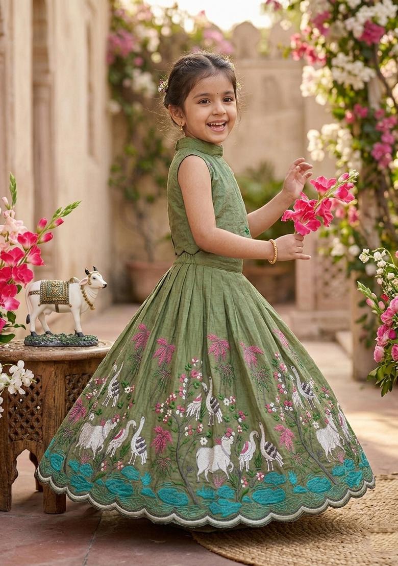 Green Embroidered Silk Lehenga Set For Girls - Indya