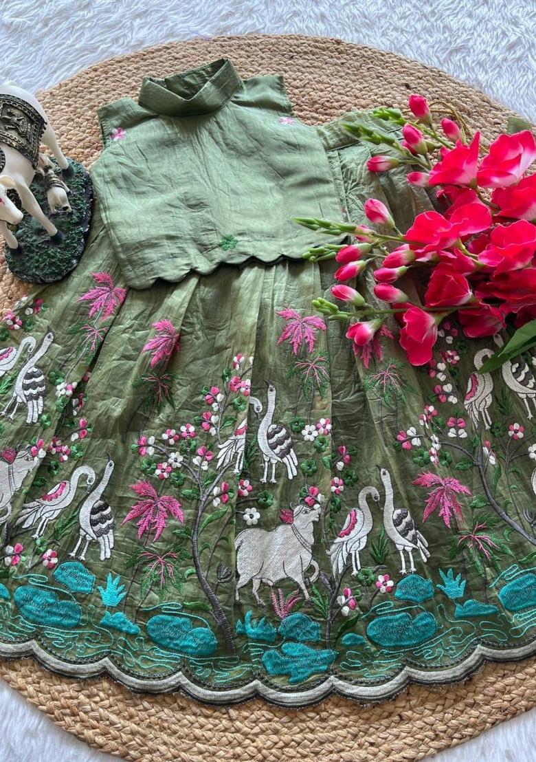 Green Embroidered Silk Lehenga Set For Girls - Indya