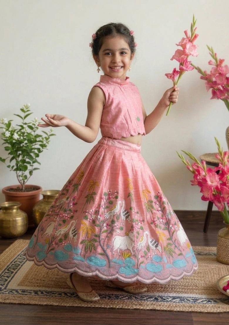 Pink Embroidered Silk Lehenga Set For Girls - Indya