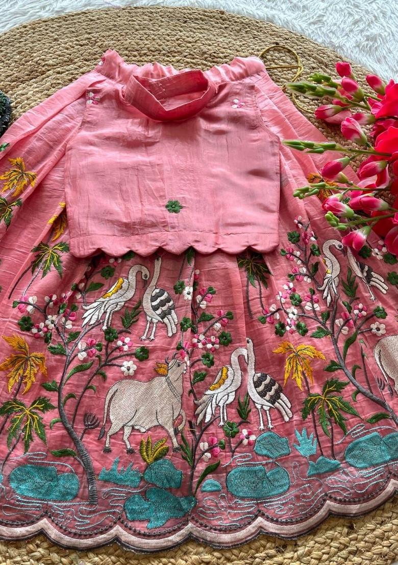 Pink Embroidered Silk Lehenga Set For Girls - Indya