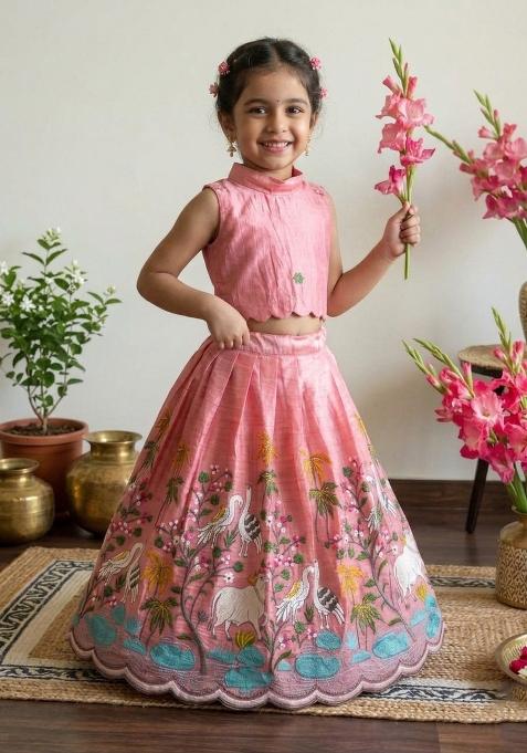 Pink Embroidered Silk Lehenga Set For Girls