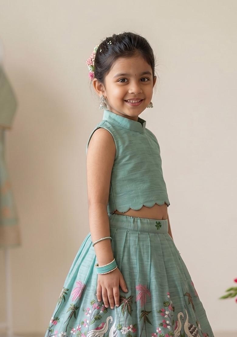 Blue Embroidered Silk Lehenga Set For Girls - Indya