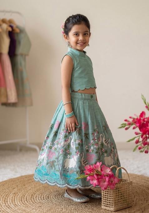 Blue Embroidered Silk Lehenga Set For Girls