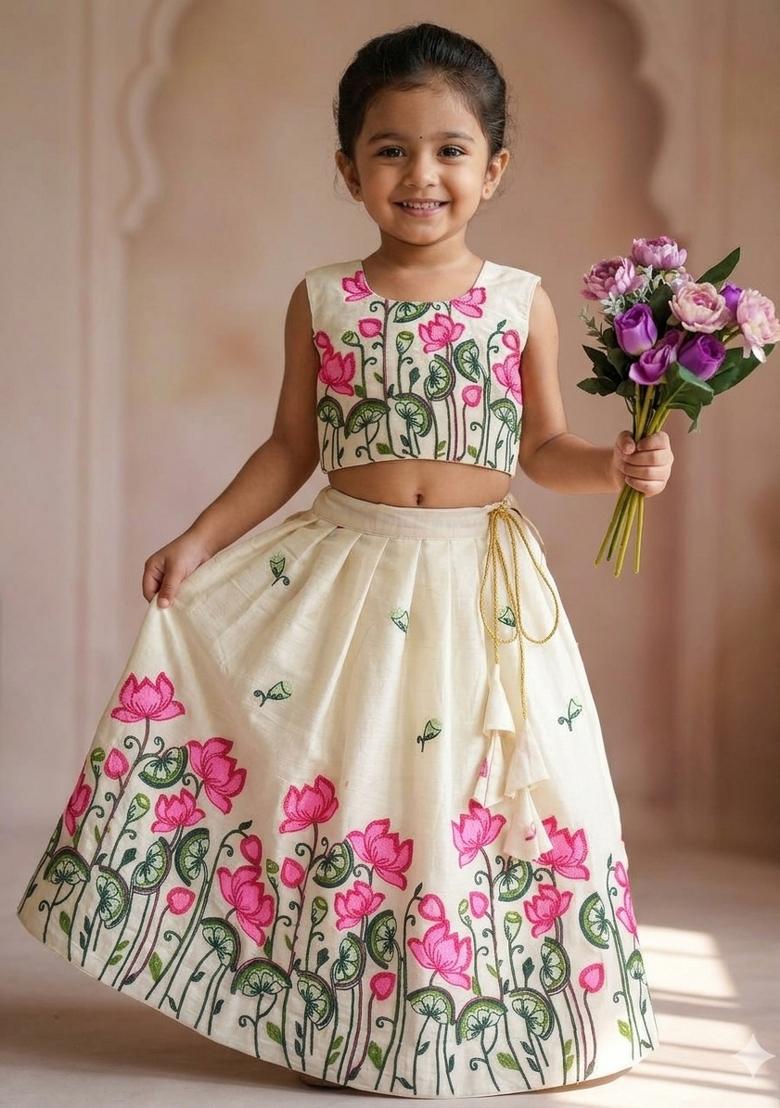 White Embroidered Cotton Lehenga Set For Girls - Indya