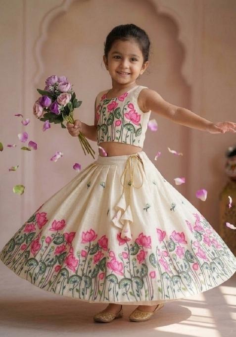 White Embroidered Cotton Lehenga Set For Girls