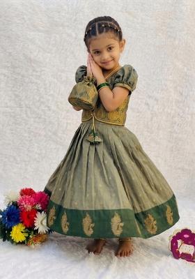 Green Woven Silk Lehenga Set For Girls