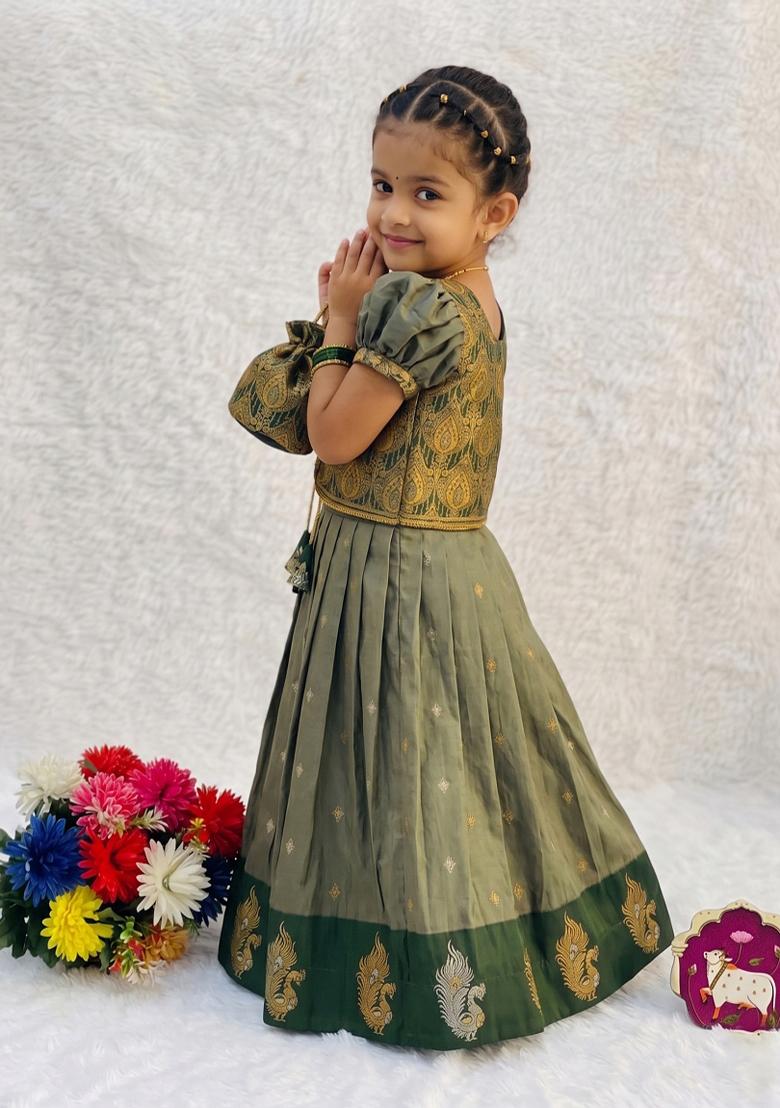 Green Woven Silk Lehenga Set For Girls - Indya