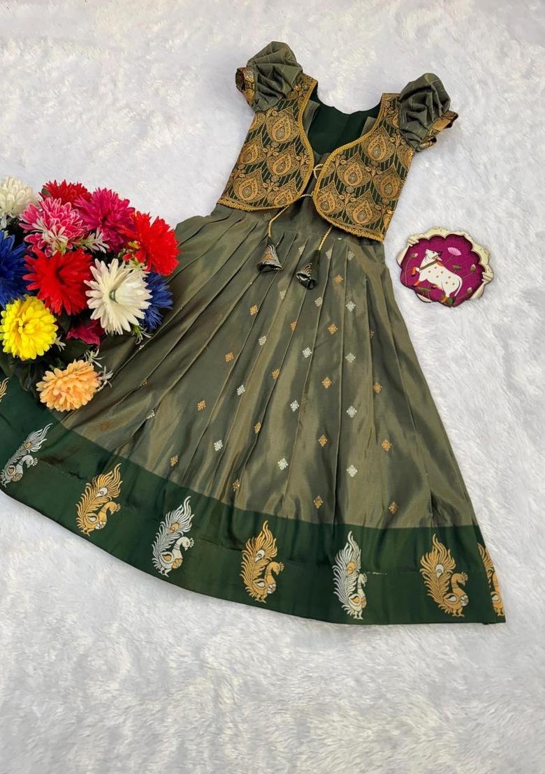 Green Woven Silk Lehenga Set For Girls - Indya