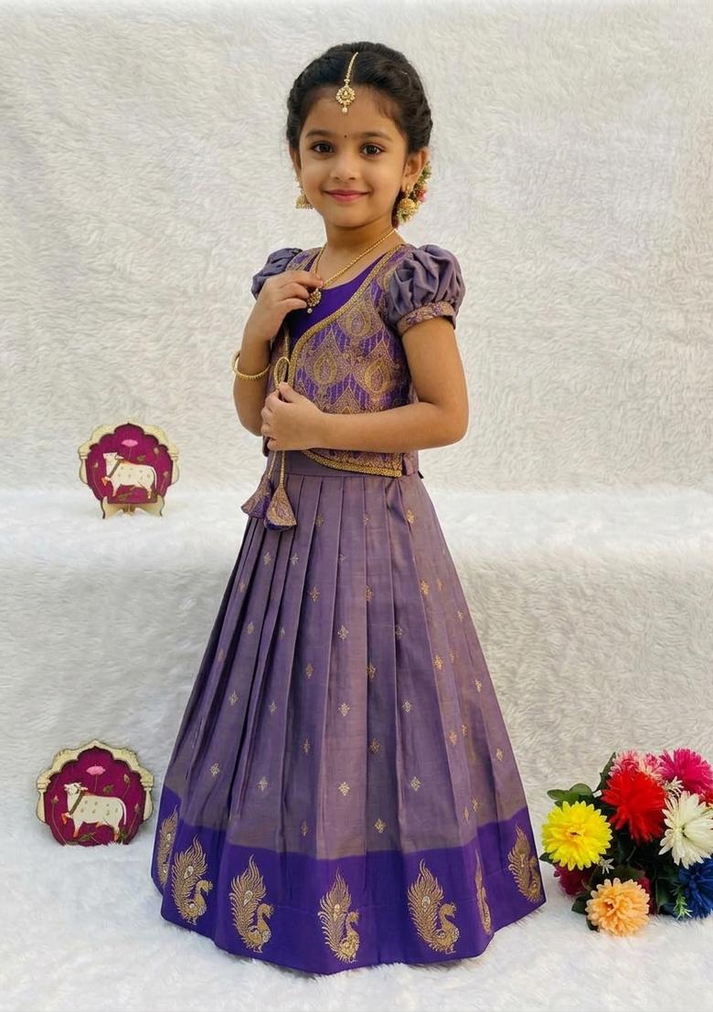 Purple Woven Silk Lehenga Set For Girls - Indya