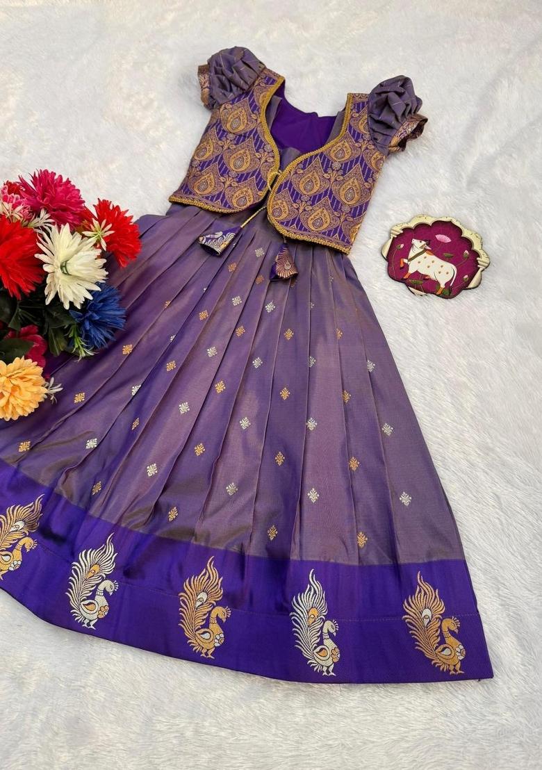 Purple Woven Silk Lehenga Set For Girls - Indya