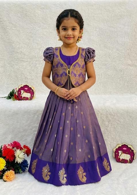 Purple Woven Silk Lehenga Set For Girls
