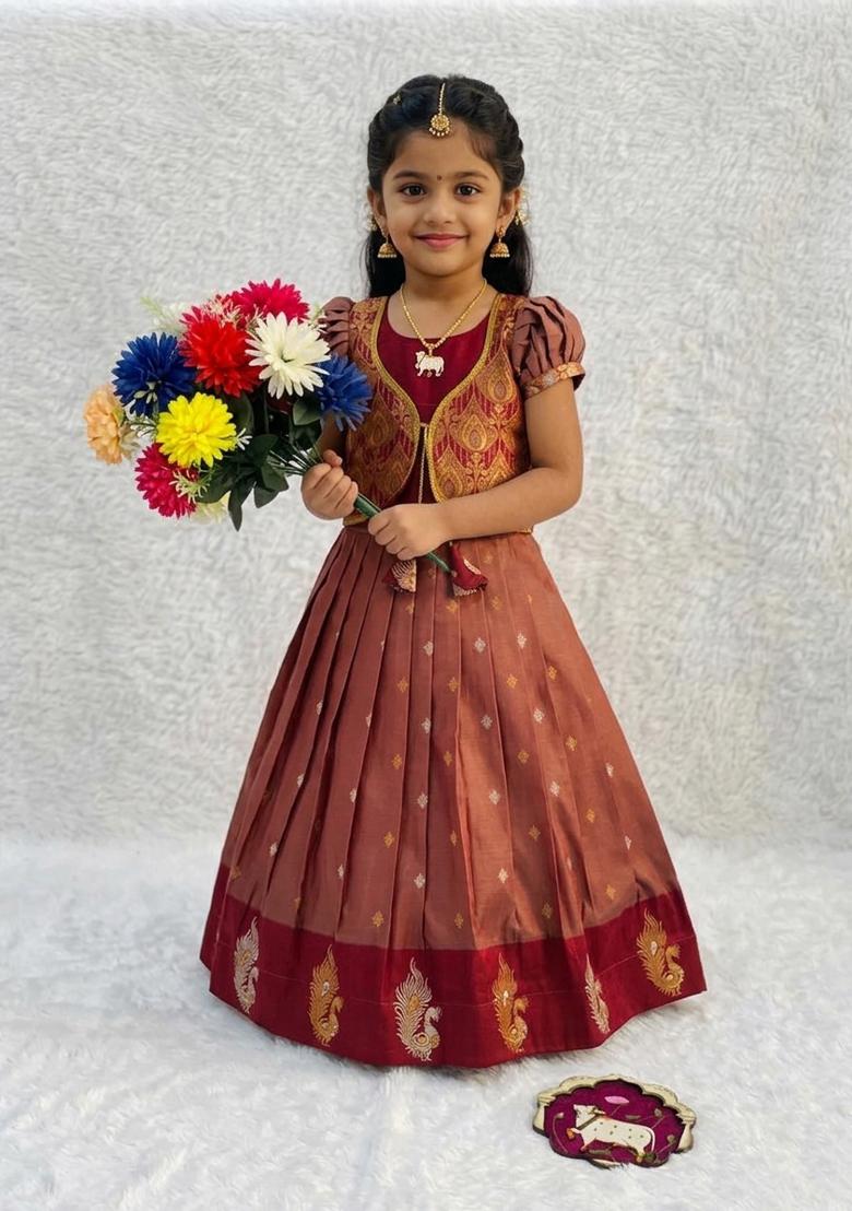 Red Woven Silk Lehenga Set For Girls - Indya