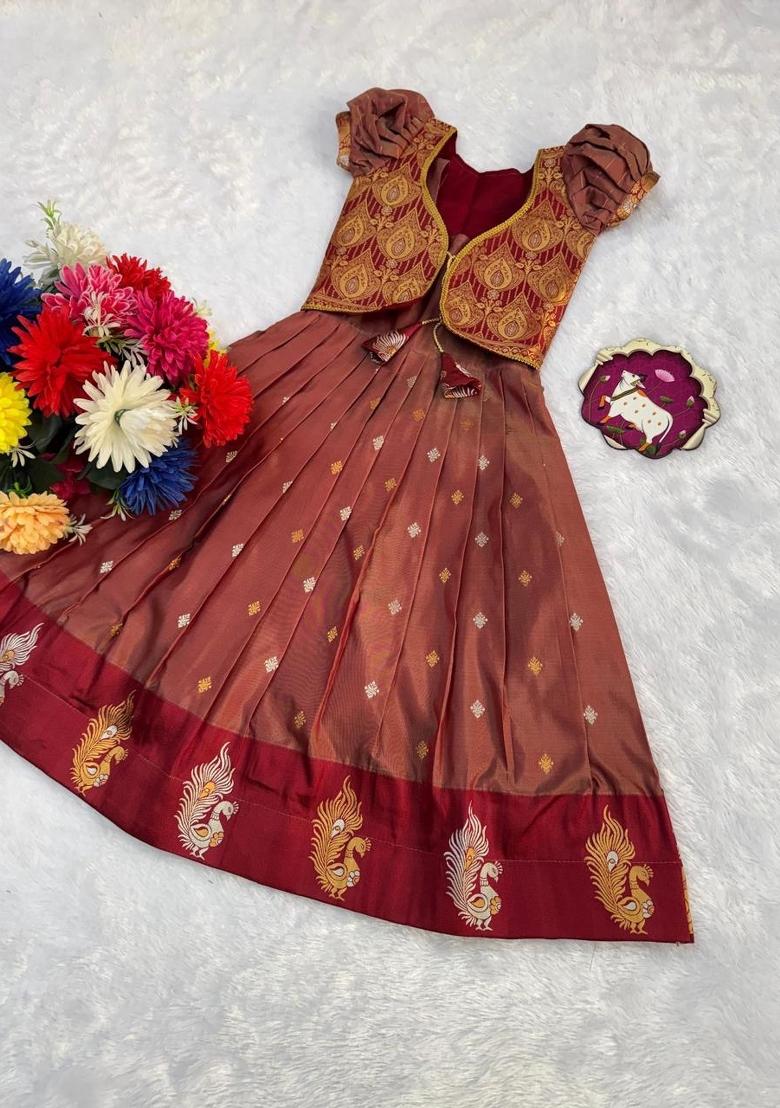 Red Woven Silk Lehenga Set For Girls - Indya