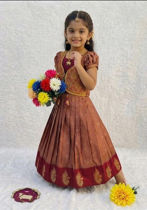 Red Woven Silk Lehenga Set For Girls