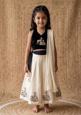 Black Embroidered Silk Lehenga Set For Girls