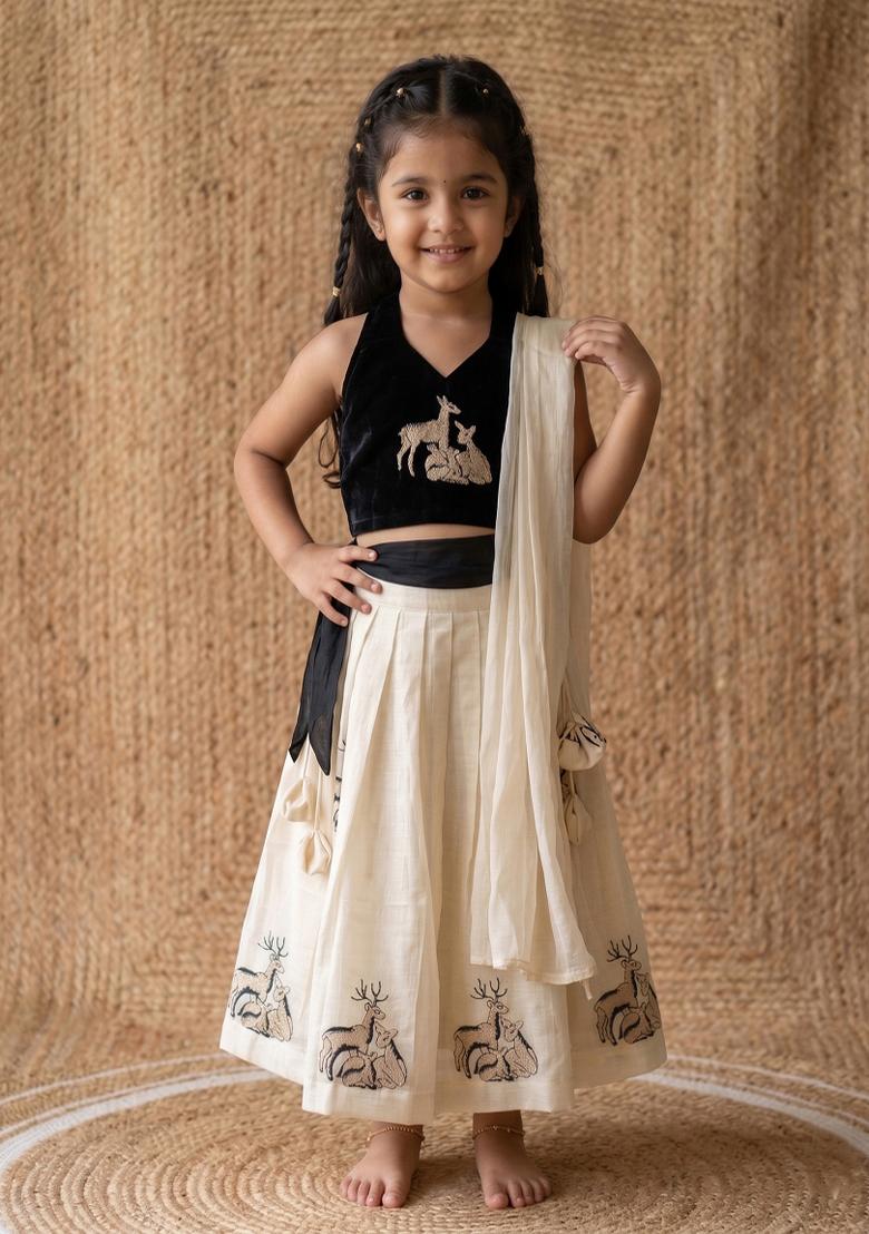 Black Embroidered Silk Lehenga Set For Girls - Indya