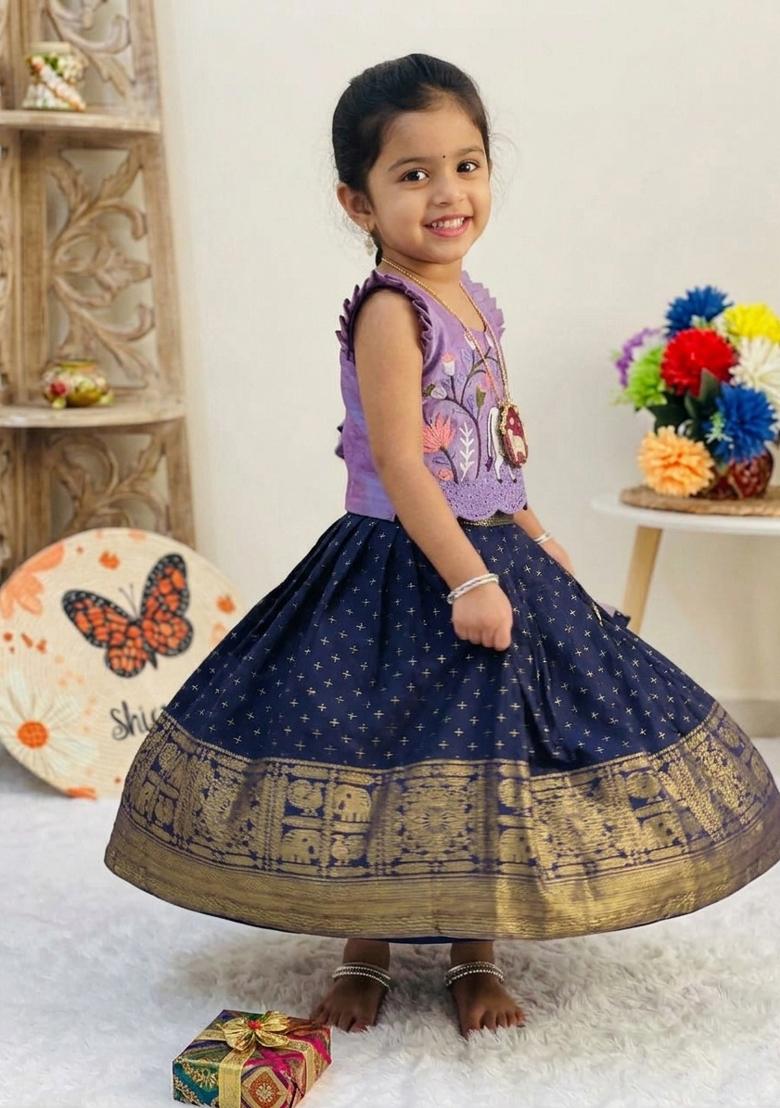 Blue Embroidered Silk Lehenga Set For Girls - Indya