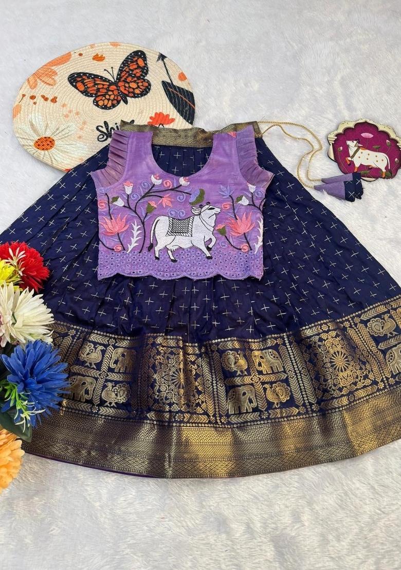 Blue Embroidered Silk Lehenga Set For Girls - Indya