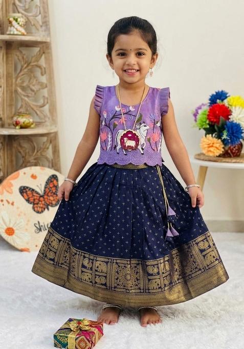 Blue Embroidered Silk Lehenga Set For Girls