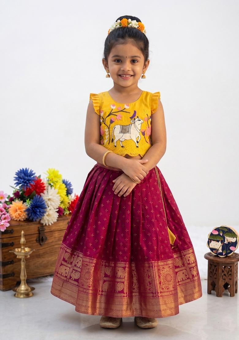 Yellow Embroidered Silk Lehenga Set For Girls - Indya