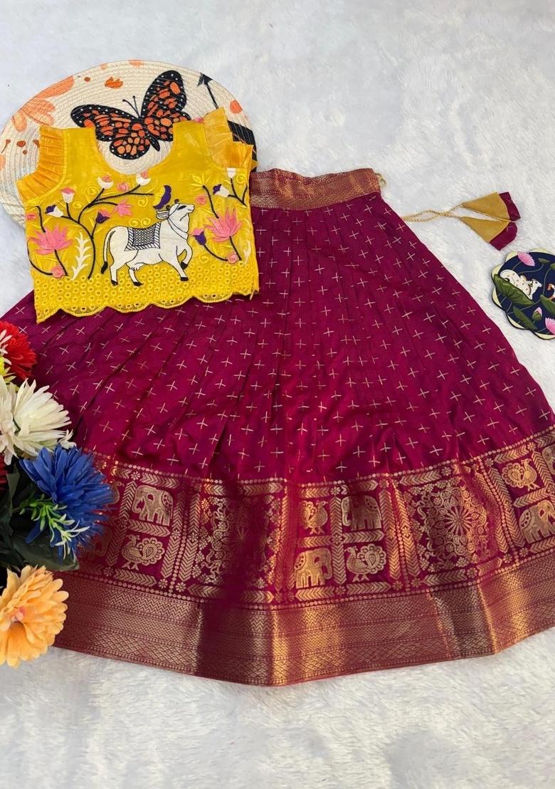 Yellow Embroidered Silk Lehenga Set For Girls - Indya