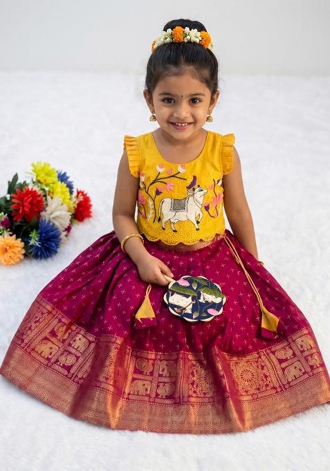 Yellow Embroidered Silk Lehenga Set For Girls