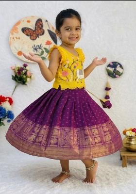 Yellow Embroidered Silk Lehenga Set For Girls