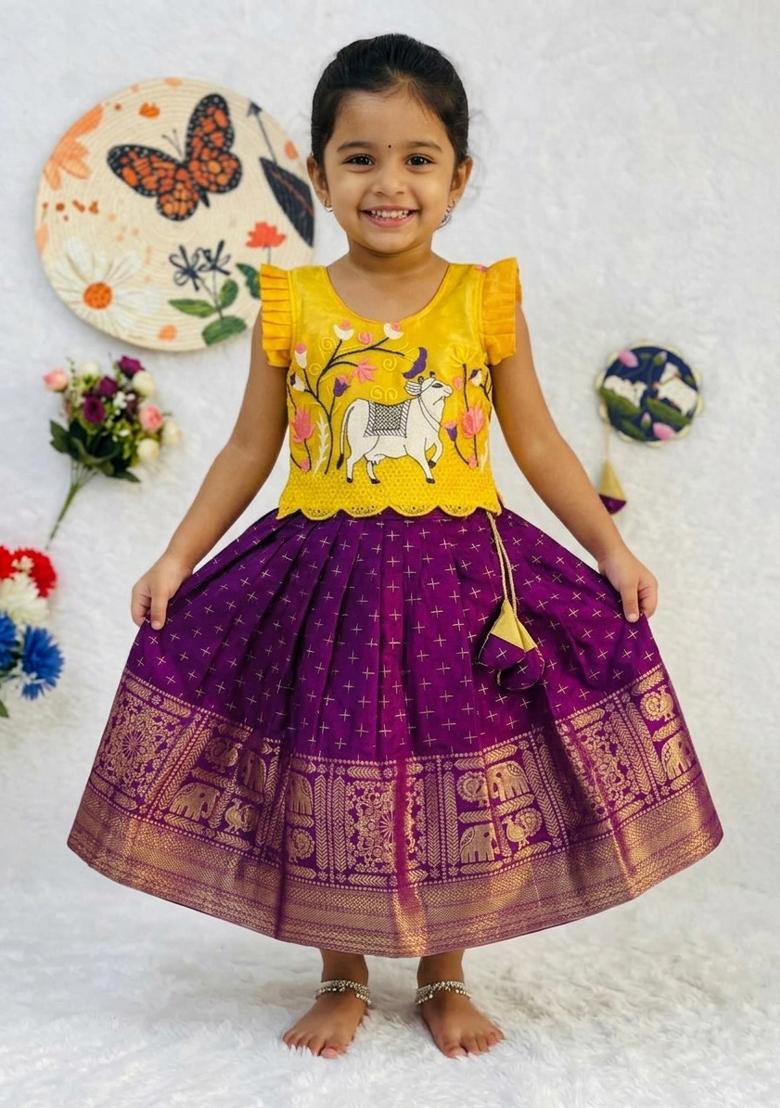 Yellow Embroidered Silk Lehenga Set For Girls - Indya