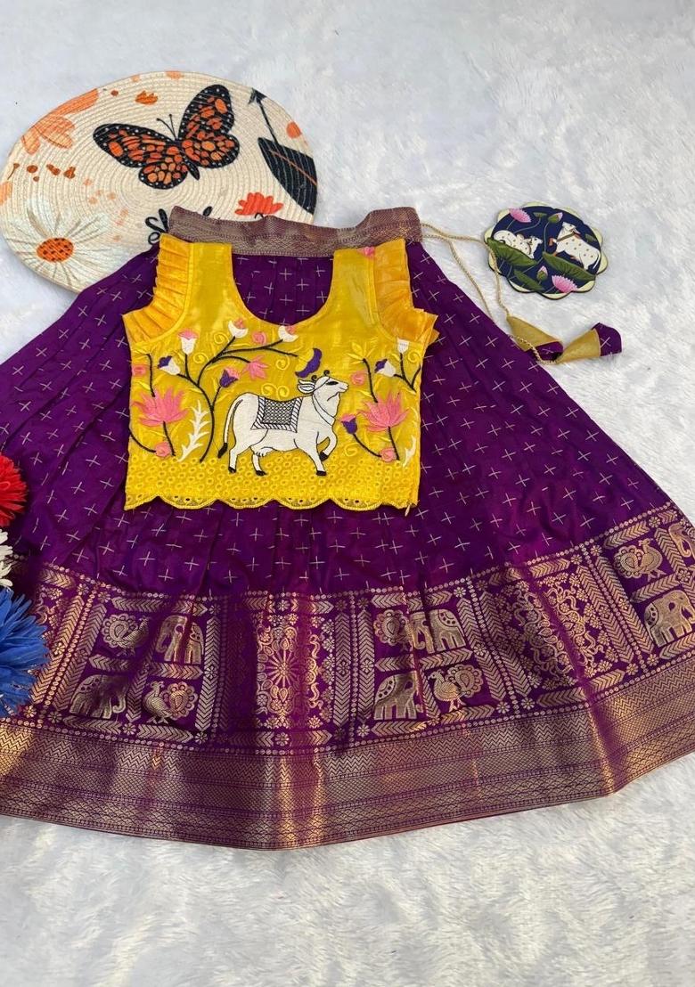 Yellow Embroidered Silk Lehenga Set For Girls - Indya