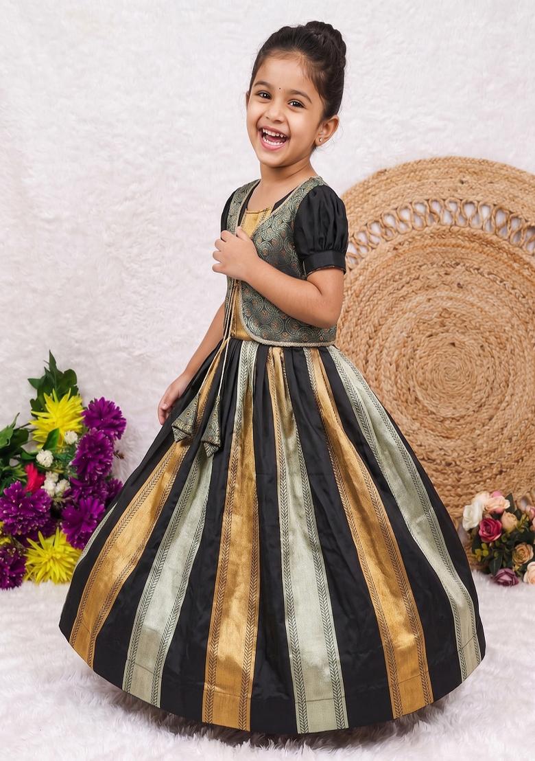 Black Woven Silk Lehenga Set For Girls - Indya