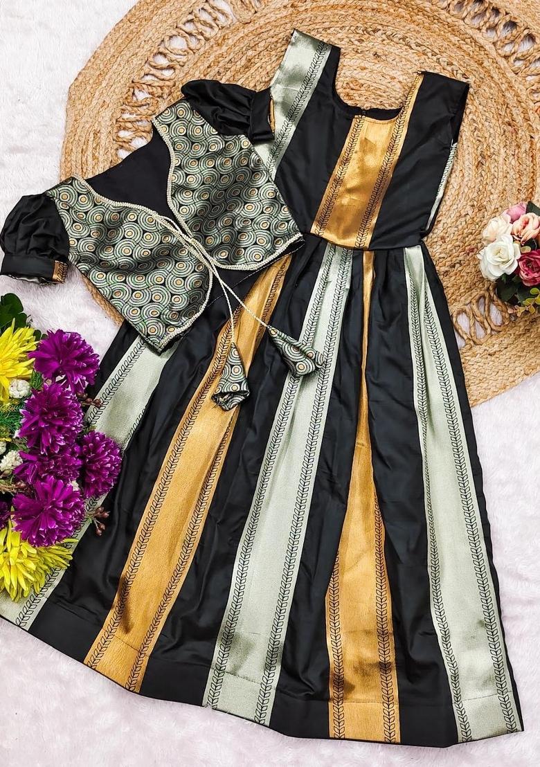 Black Woven Silk Lehenga Set For Girls - Indya