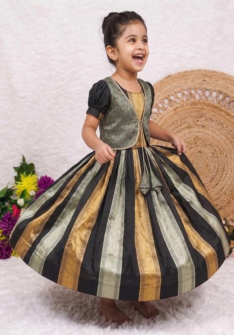 Black Woven Silk Lehenga Set For Girls
