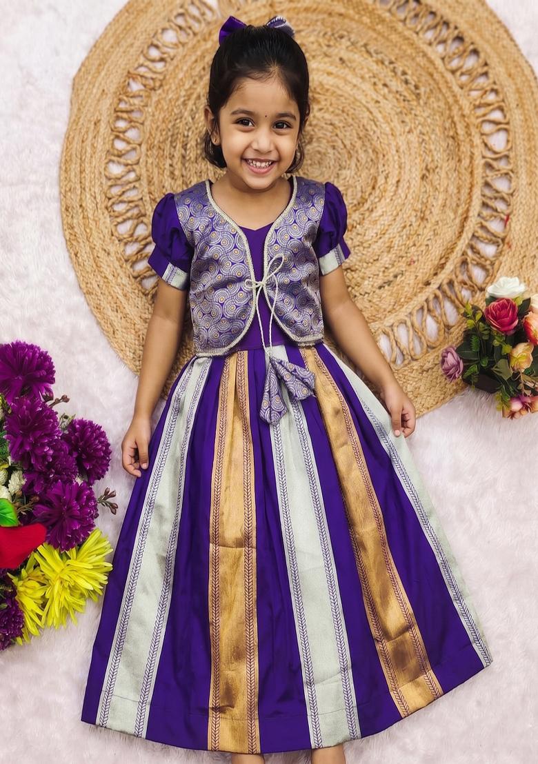 Purple Woven Silk Lehenga Set For Girls - Indya