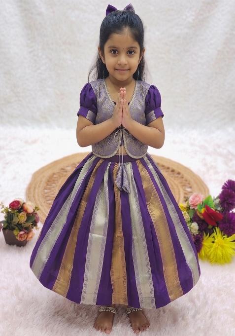 Purple Woven Silk Lehenga Set For Girls