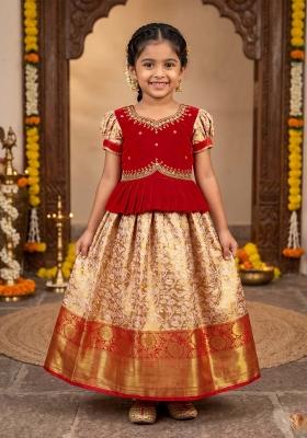 Red Woven Silk Lehenga Set For Girls