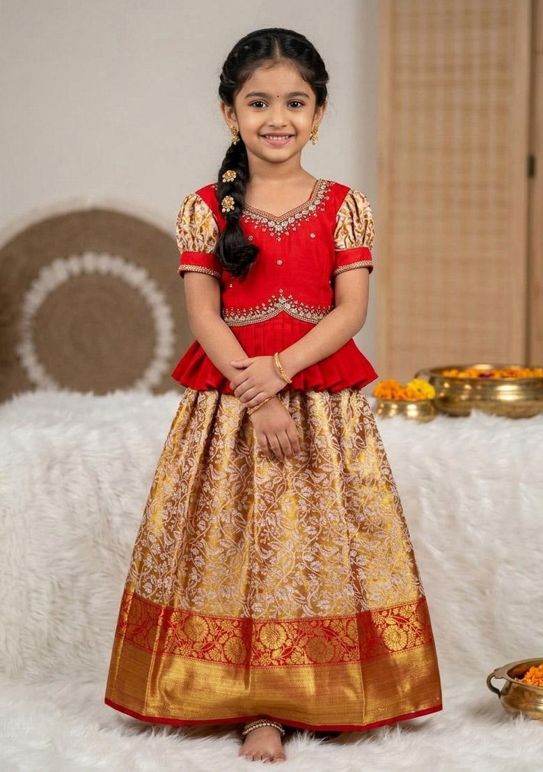 Red Woven Silk Lehenga Set For Girls - Indya