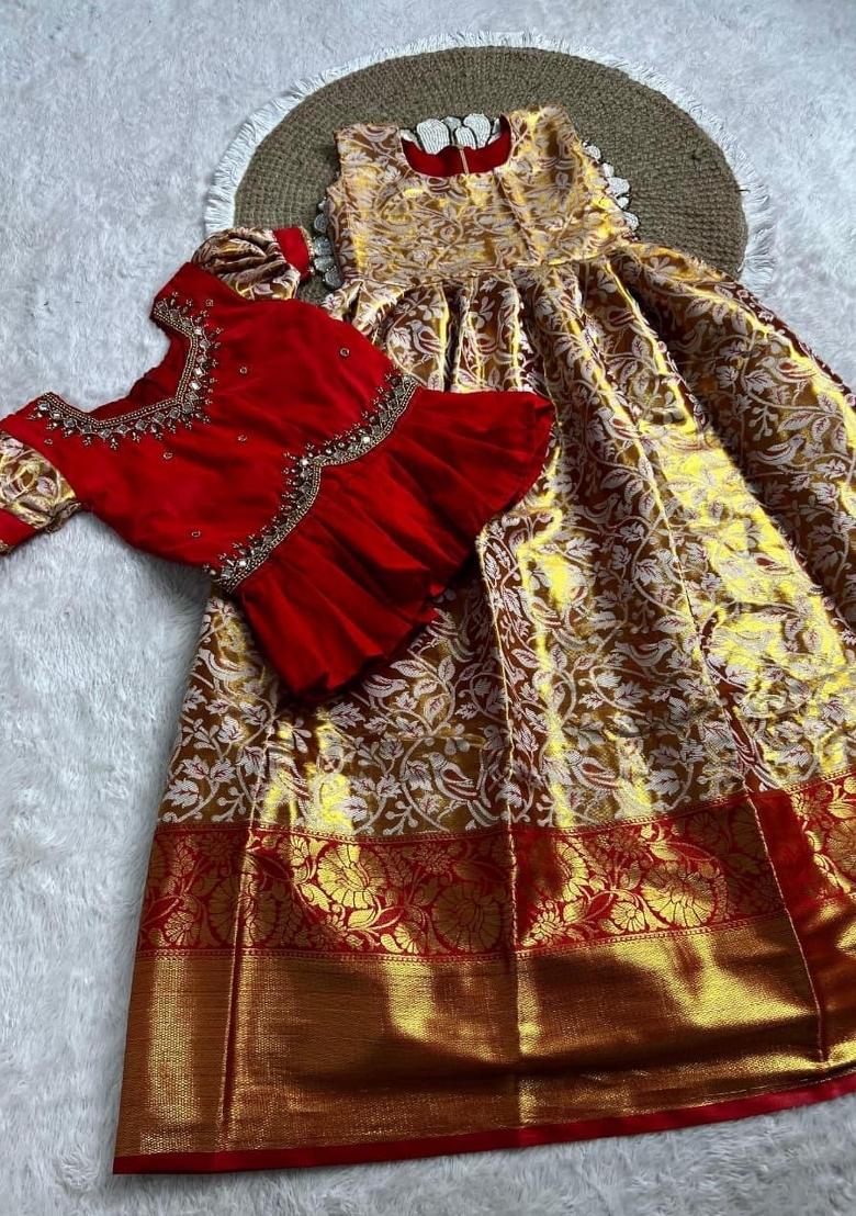 Red Woven Silk Lehenga Set For Girls - Indya