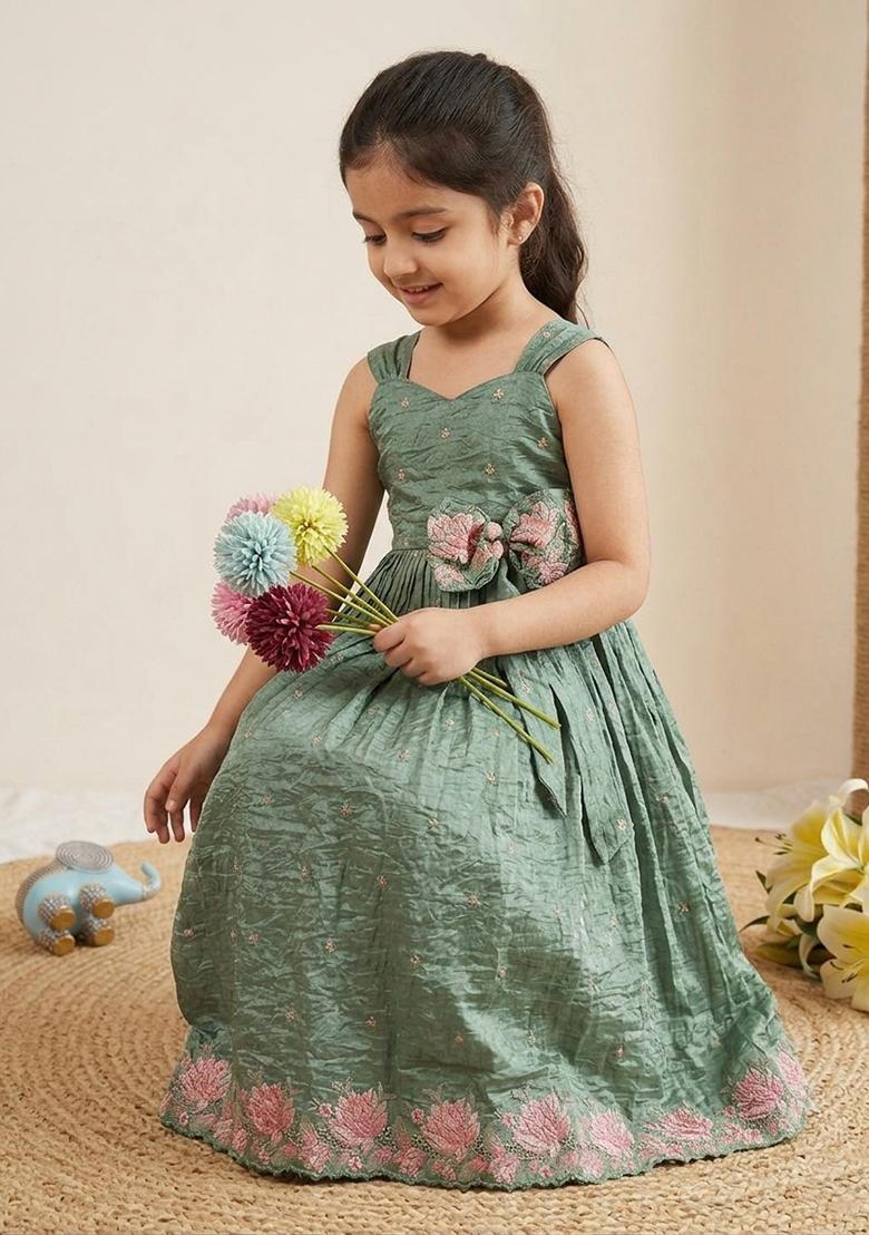 Green Embroidered Silk Gown For Girls - Indya