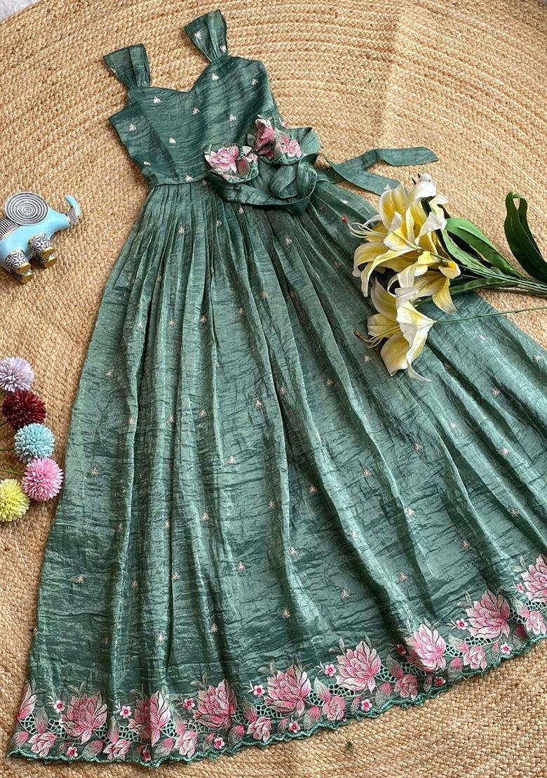Green Embroidered Silk Gown For Girls - Indya