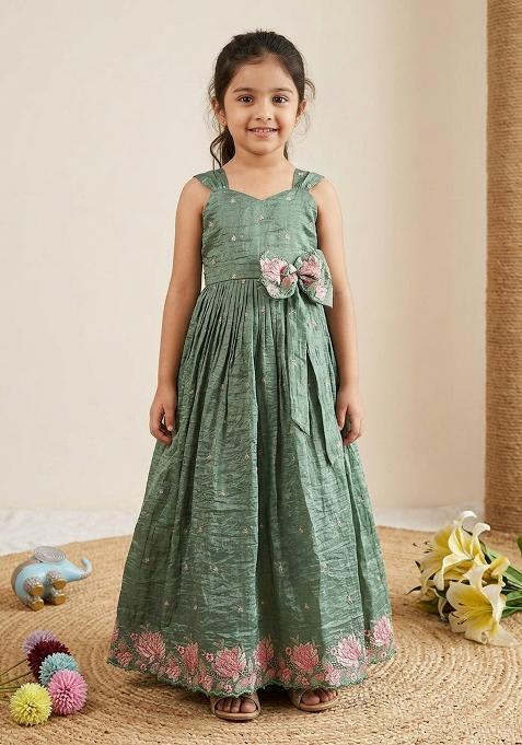 Green Embroidered Silk Gown For Girls