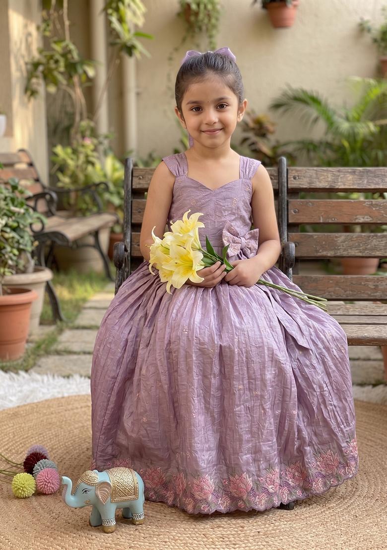 Blue Embroidered Silk Gown For Girls - Indya